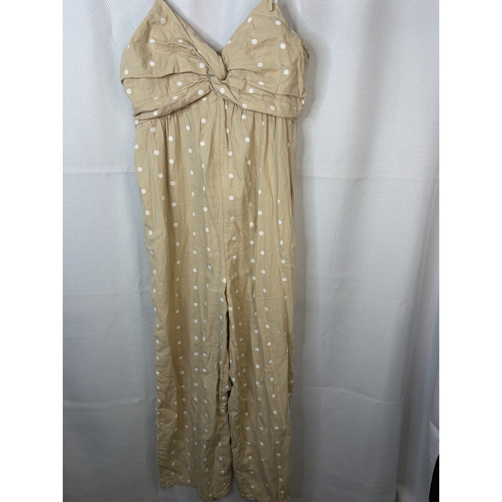Old Navy L Tan Polka Dots Linen Blend Jumpsuit Tie Straps Rushed Back Sexy Top